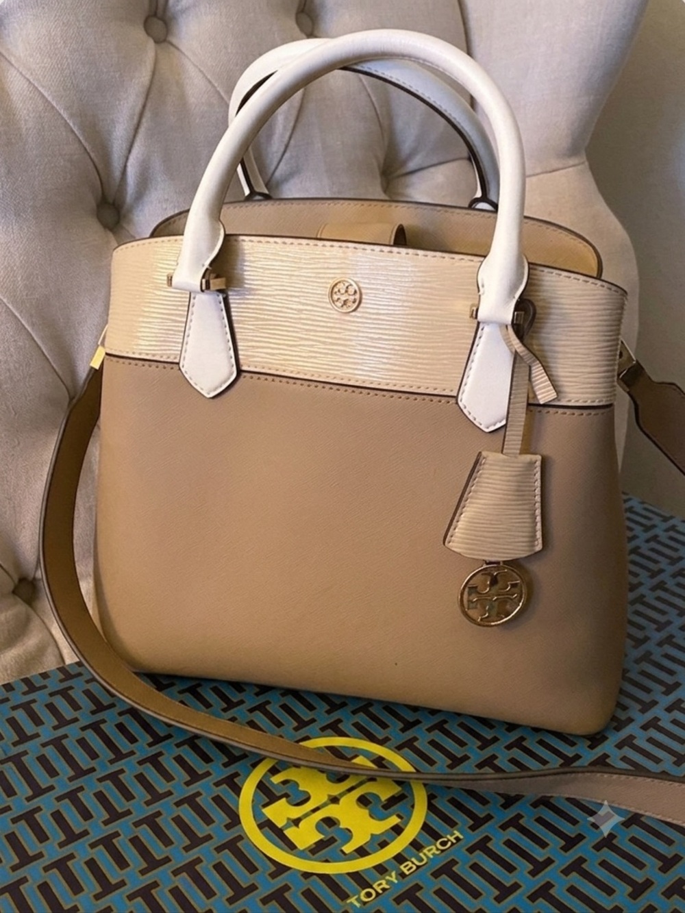 Tory Burch Two-Tone Beige and White Leather Shoulder Bag